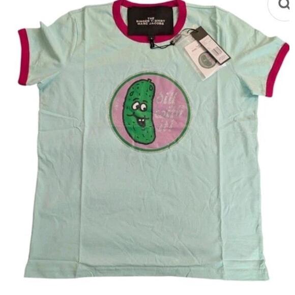 Marc Jacobs Tops - Marc Jacobs Ringer T Shirt Pickle "Dill With It" Graphic Aqua Pink Size S NEW